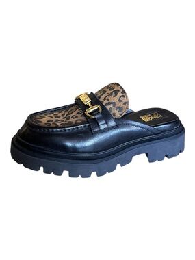 Cavalli Class Leopard Platform Lug Mule Black Leather Size 9